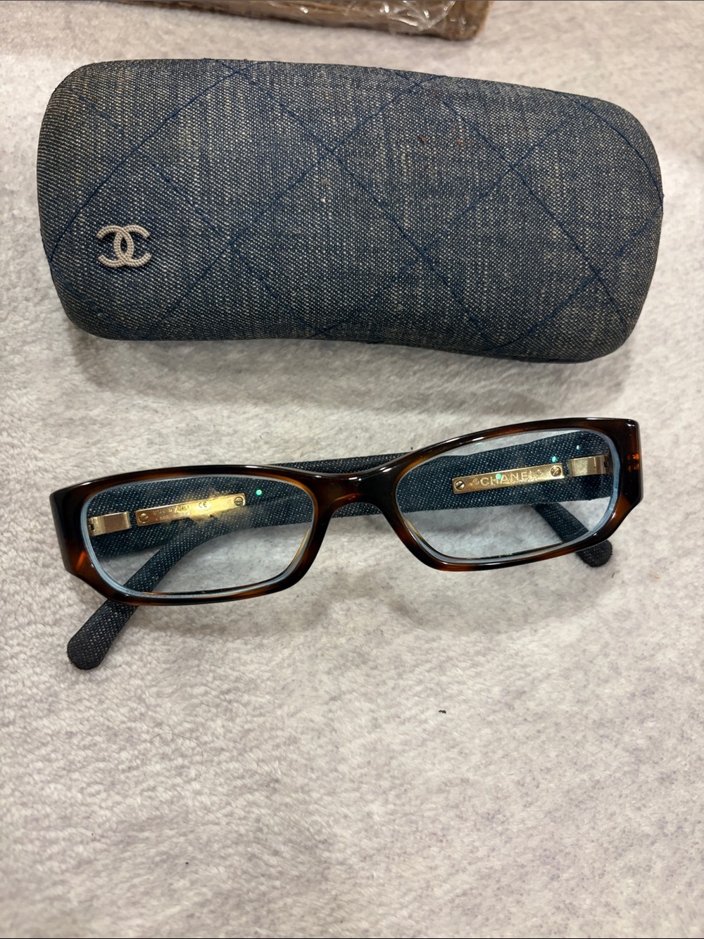Chanel Tortoiseshell Denim Glasses with Quilted Denim Case - Brown